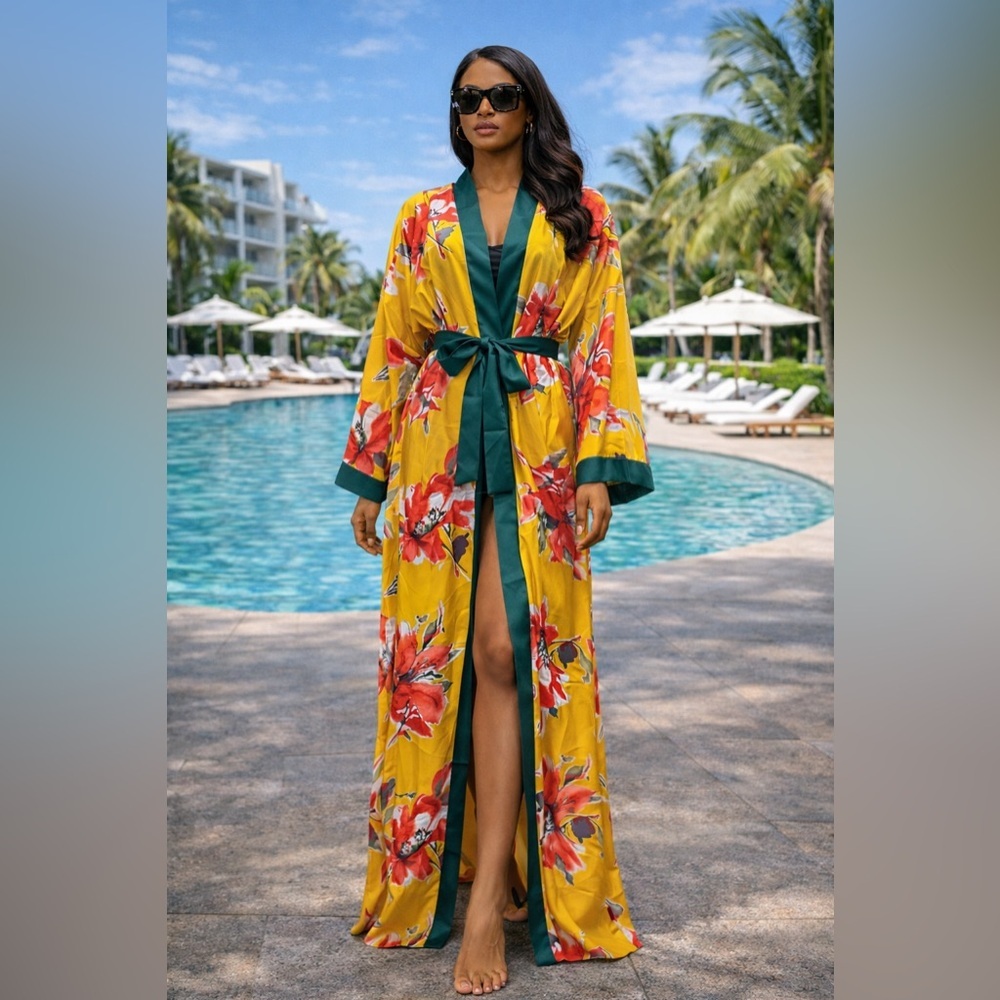 Yellow Floral Long Kimono Robe with Green Trim